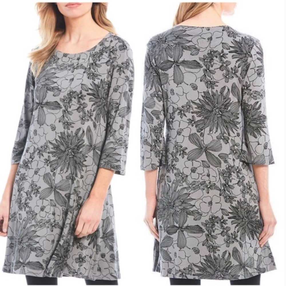 Bryn Walker Irys Black and Grey Stretch Jersey Floral Dress Sz XL